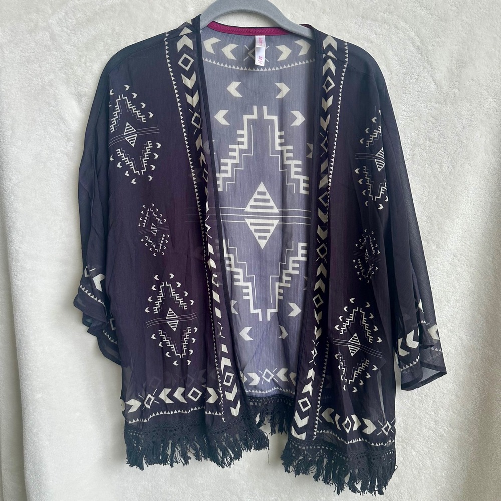Xhilaration Black White Sheer Aztec Geometric Kimono Fringe Duster Top S/M